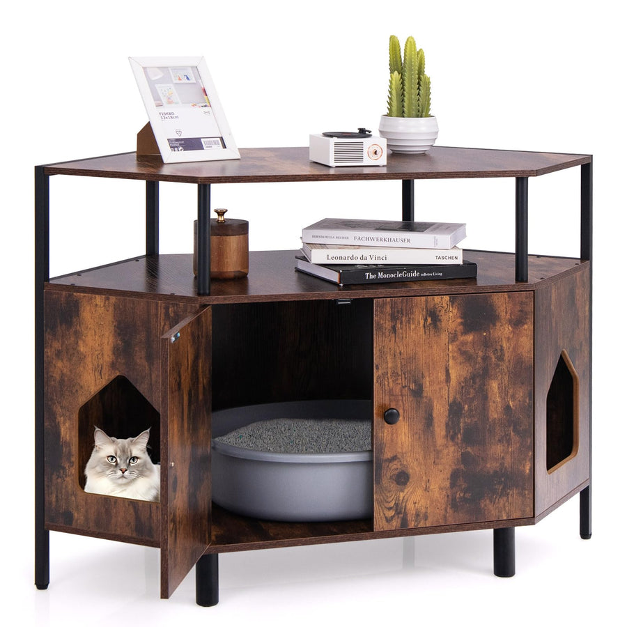 PETSITE Corner Cat Litter Box Enclosure Litter Box Corner Cabinet with 2 Entrances Open Shelf and Double Doors Industrial/Modern Style Hidden Litter Box Furniture for Cat Kitty (Rustic Brown)