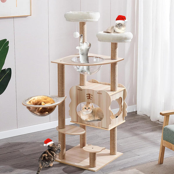 Wood Cat TreeModern Cat Tree for Large Cat Wood Cat Tower with Scratch Post for Indoor Big Cats 54" Extra Tall Cat Condo Sturdy with Clear Bowl Hammock for Kittens (Style 06)