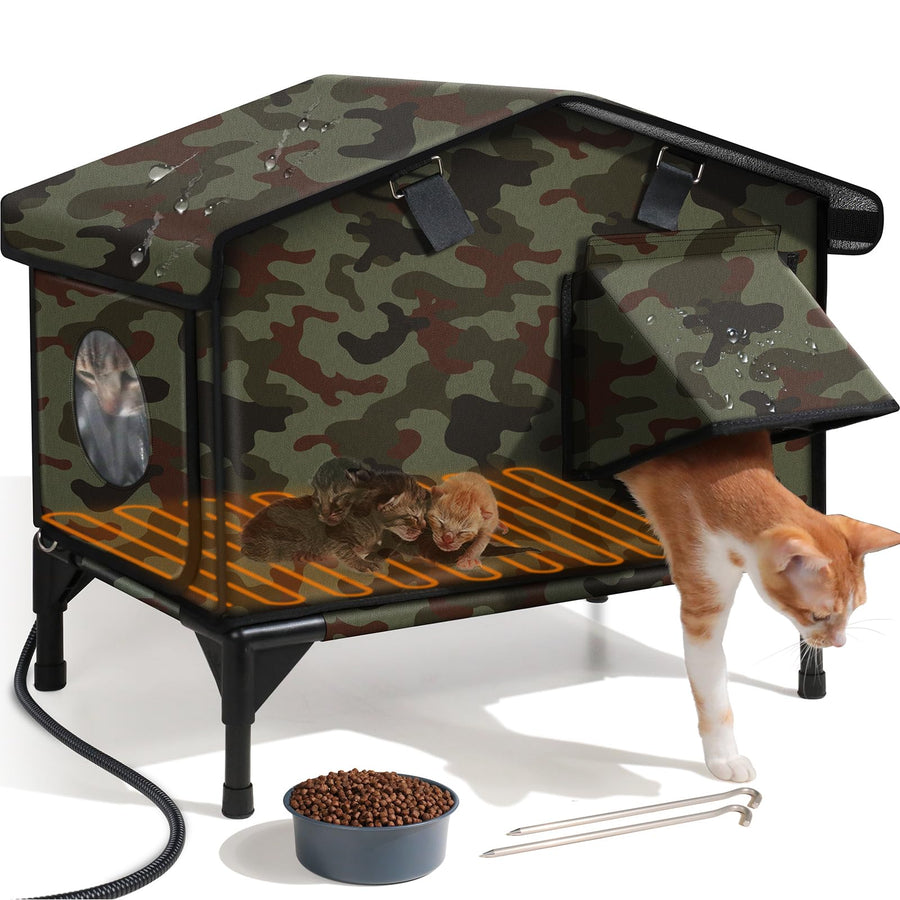 Upgraded Heated Cat House for Outside Escape Door Open-Top Outdoor Cat House with Feeding Bowl Weatherproof Cat Houses for Outdoor Cats with Waterproof Awning Insulated Feral Cat Shelter Elevated