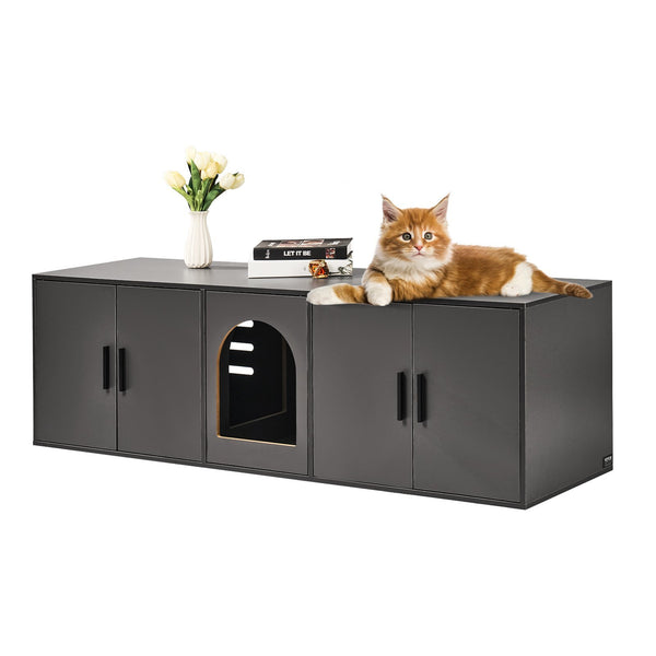 Cat Litter Box Enclosure for 2 Cats, Litter Box Furniture Hidden with Double Rooms, Wooden Cat Box Cabinet Fit Most of Litter Box, 57.9"L x 18.3"W x 17.9"H, Black