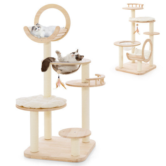 4-In-1 Large Wooden Cat Tower with Space Capsule Nest