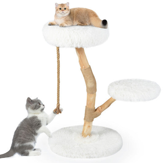 Modern Wooden Cat Tree Tower with Perch and Natural Jute Scratching Posts-White - Color: White