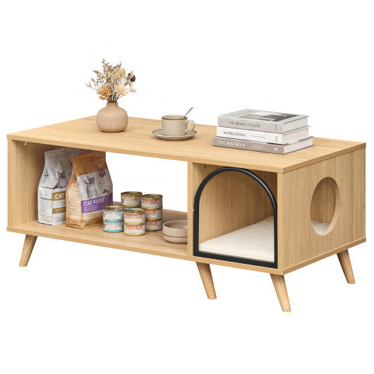 40 Inch Coffee Table Cat House 2-In-1 Wooden Kitten Furniture
