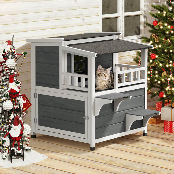 Two-Story Outdoor Cat House with Balcony