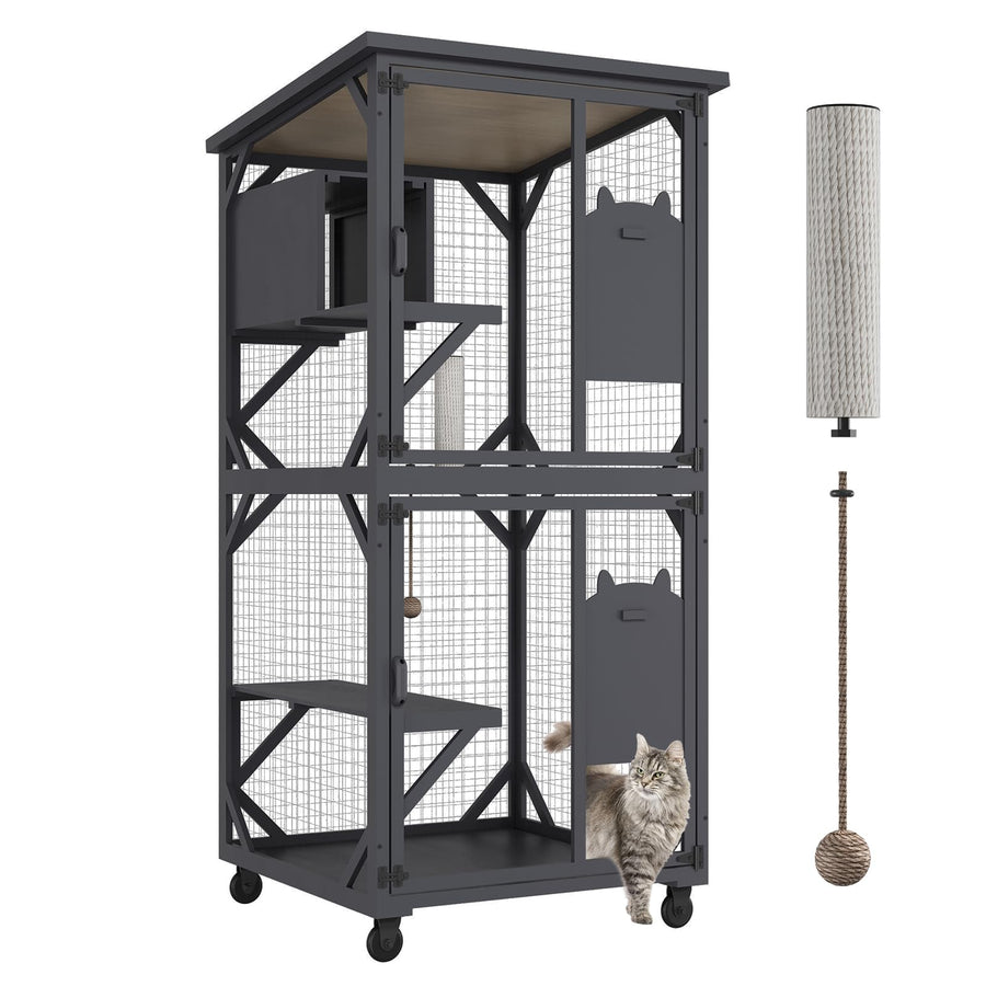 MODCART Catio Outdoor Cat Enclosure with Roof 71" Height Large Cat House Cat Wooden Cage with 3 Jumping Platforms and 1 Napping Houses for Cat Activity (Grey)