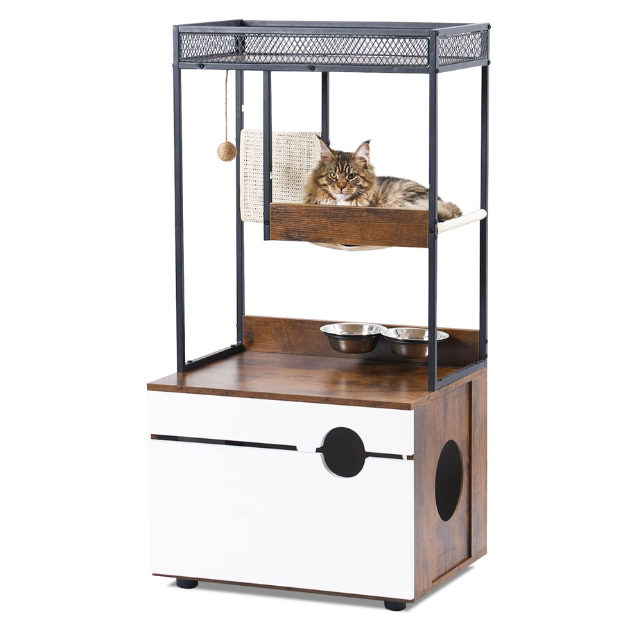 SogesPet Hidden Cat Litter Box Enclosures with Cat Tree Tower Cat Furniture with Scratching Pads and Large Storage Space Industrial Cat Cabinet with Shelves and Doors