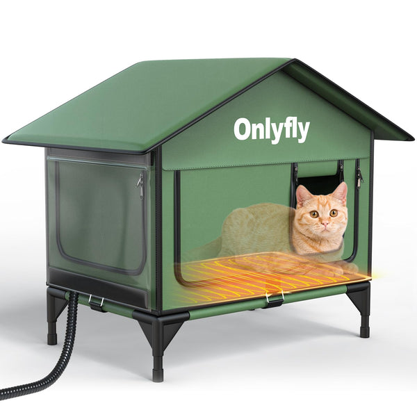 Elevated Heated Outdoor Cat Shelter with Escape Door, Green