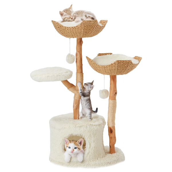 Modern Wooden Cat Tree with 2 Beds, Velvet White