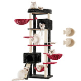 Hey-brother Cat Tree Gothic 70.8 Inches Multi-Level Cat Tower for Large Cats Heavy Duty Cat Tower with Cat CondoBaskets Cat Scratching Posts Big Hammock and Food Bowls Black and Red MPJ036BR