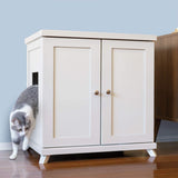 THE REFINED FELINE Cat Litter Box Enclosure Cabinet Modern White Mid-Century Feet Large Hidden Litter Cat Furniture with Drawer