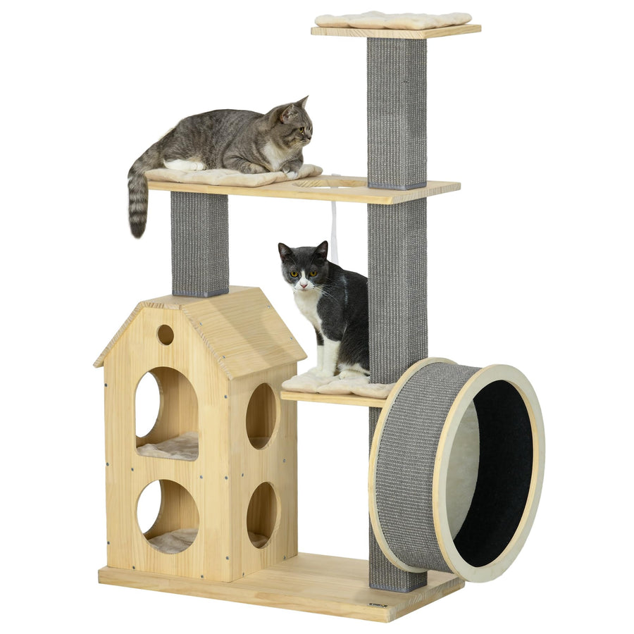 PawHut 53" Modern Cat Tree with Scratching Posts & Wheel with Double-Layer Cushioned House Small Cat Tower for Indoor Cat Furniture Climbing Wooden Cat Tree