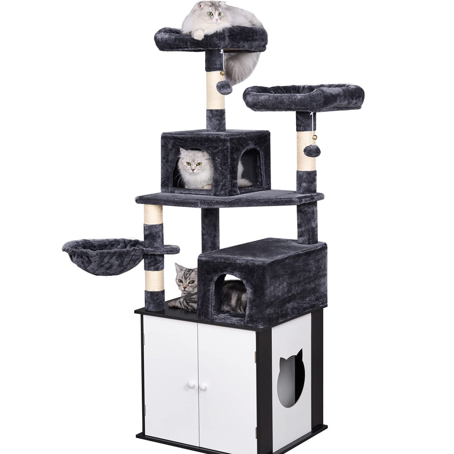 BEWISHOME Cat Tree with Litter Box Enclosure All-in-one Indoor Cat Hidden Litter Box Furniture Cat Tower with Large Cat Condo Modern Cat House with Scratching Posts MMJ81D