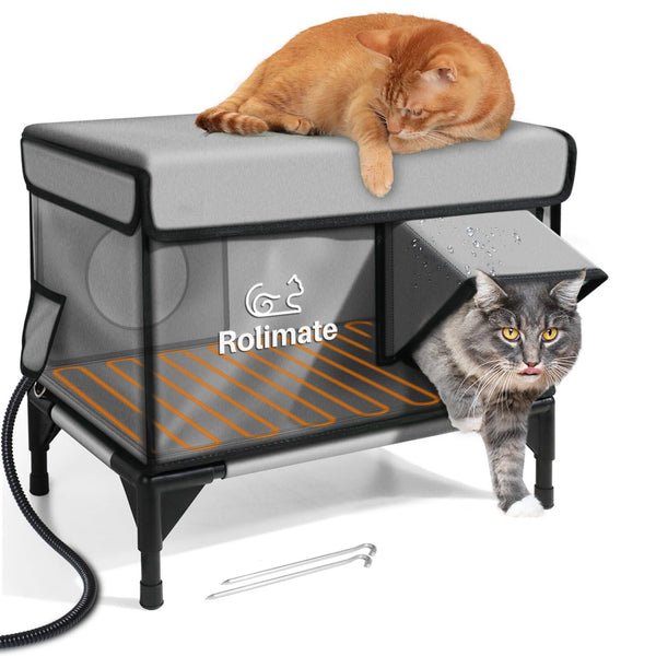 Heated Cat House for Outside Weatherproof Cat House for Outdoor Cats with Awning Insulated Outdoor Cat House with Heating Pad Elevated Feral Cat Shelter for Strays
