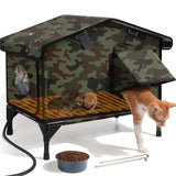 Upgraded Heated Cat House for Outside Escape Door Open-Top Outdoor Cat House with Feeding Bowl Weatherproof Cat Houses for Outdoor Cats with Waterproof Awning Insulated Feral Cat Shelter Elevated