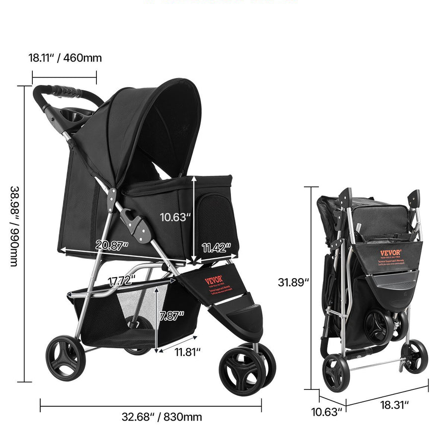 Pet Stroller – 3-Wheel Foldable, 35 lb Capacity