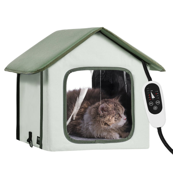 Elevated Heated Cat House Outdoor Kitty Shelter Timer – Green
