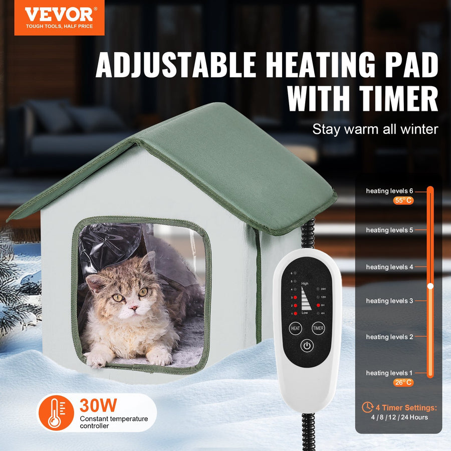 Elevated Heated Cat House Outdoor Kitty Shelter Timer, Green