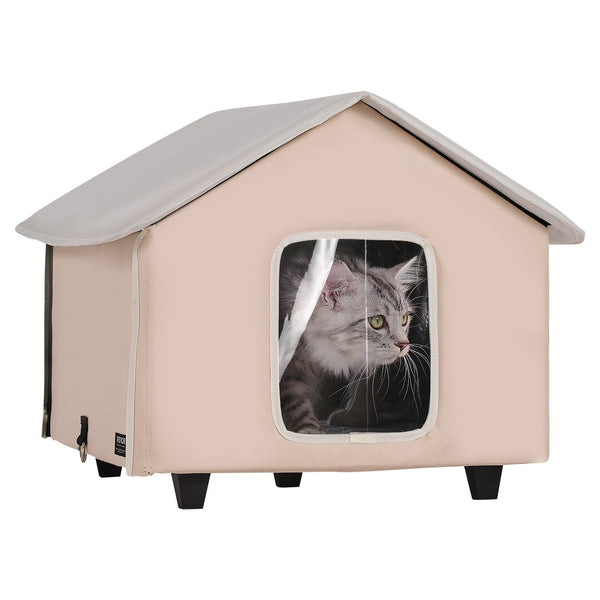 Elevated Heated Cat House Outdoor Kitty Shelter Timer – Brown