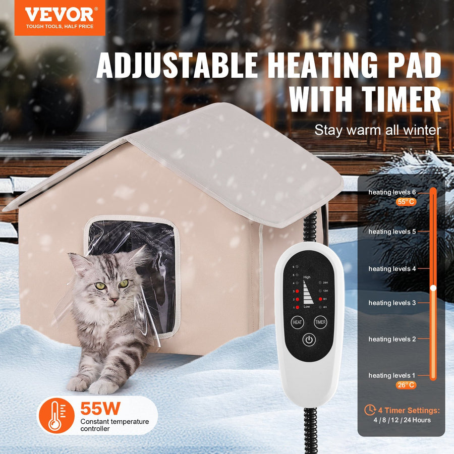 Elevated Heated Cat House Outdoor Kitty Shelter Timer, Brown