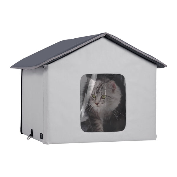 Heated Cat House Outdoor Kitty Shelter Timer Oxford – Gray Medium