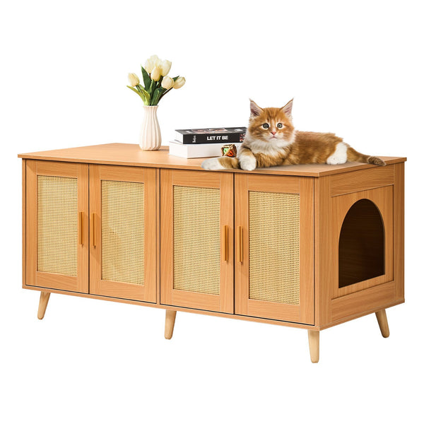 Cat Litter Box Enclosure for 2 Cats, Litter Box Furniture Hidden with Rattan Decorated Doors, Wooden Cat Box Cabinet Fit Most of Litter Box, 47.2"L x 19.7"W x 21.7"H, Natural