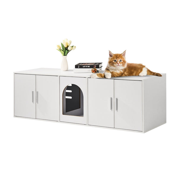 Cat Litter Box Enclosure for 2 Cats, Litter Box Furniture Hidden with Double Rooms, Wooden Cat Box Cabinet Fit Most of Litter Box, 57.9"L x 18.3"W  x 17.9"H, White