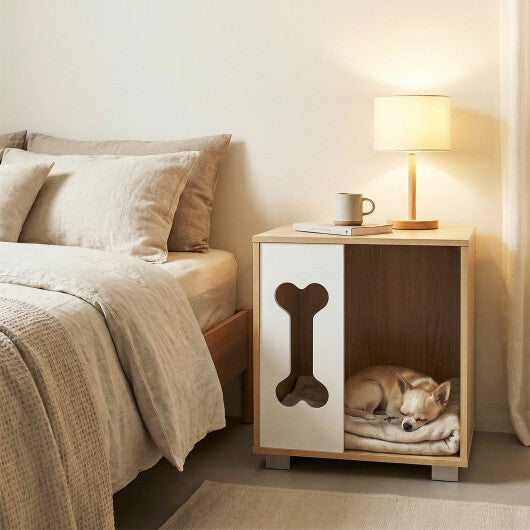 Cat Bed Side Table Wooden Cat Condo with Bone-Shape Window