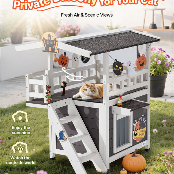 Outdoor Cat House 2-Story Wooden Shelter Stairs Balcony