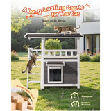 Outdoor Cat House 2-Story Wooden Shelter Stairs Balcony