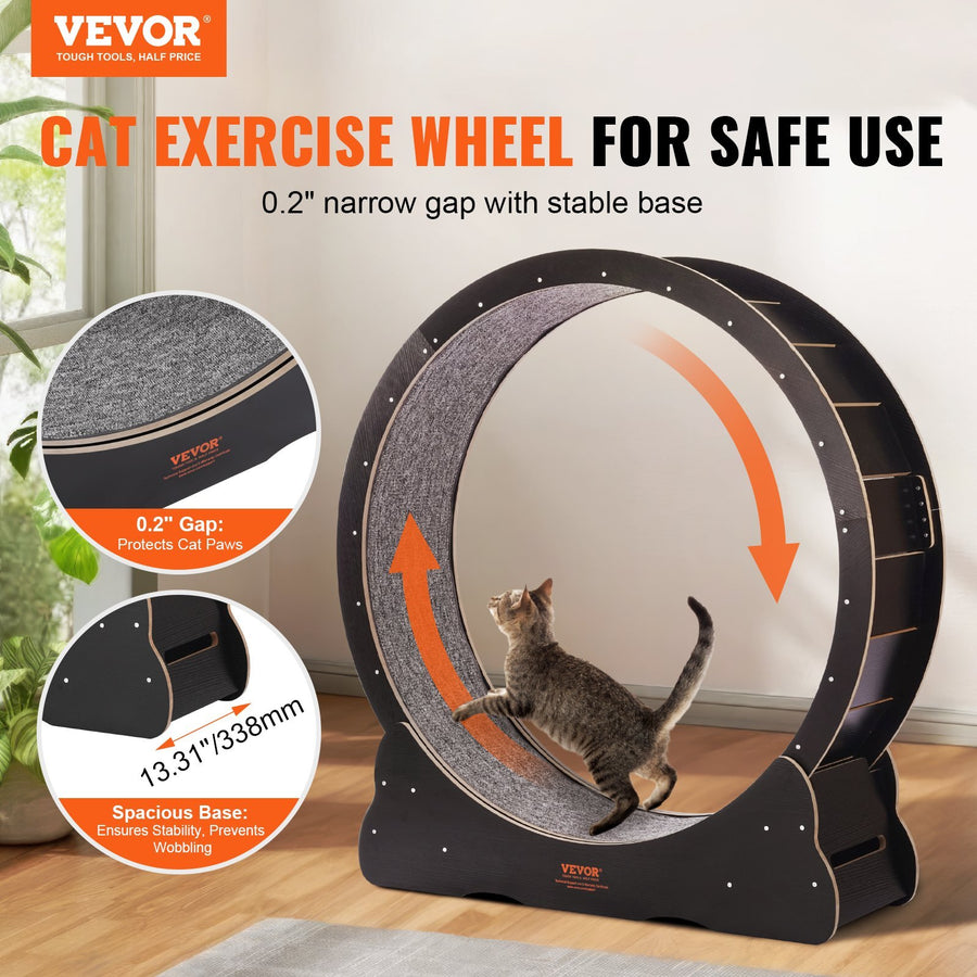 Wooden Cat Exercise Wheel, 43.3" Large Cat Treadmill Wheel for Indoor Cats, Cat Running Wheel with Detachable Carpet & Cat Teaser for Running/Walking/Training, Suitable for Most Cats Black