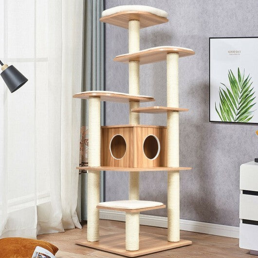 7-Layer Wooden Cat Tree Tall Cat Tower with Sisal Posts and Condo