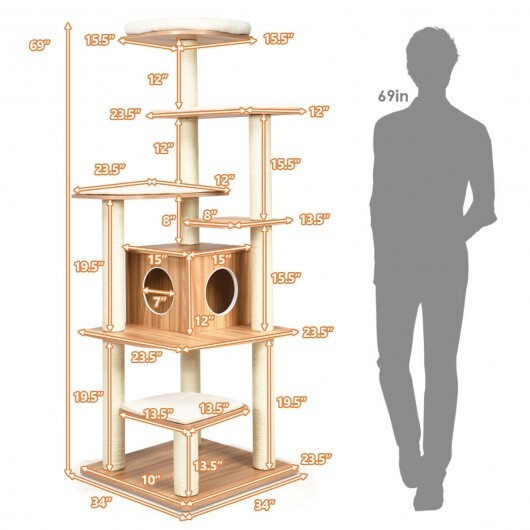 7-Layer Wooden Cat Tree Tall Cat Tower with Sisal Posts and Condo