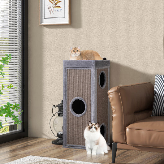 39 Inch Tall Cat Condo with Scratching Posts and 3 Hideaways and 4 Soft Plush Cushions-Gray - Color: Gray