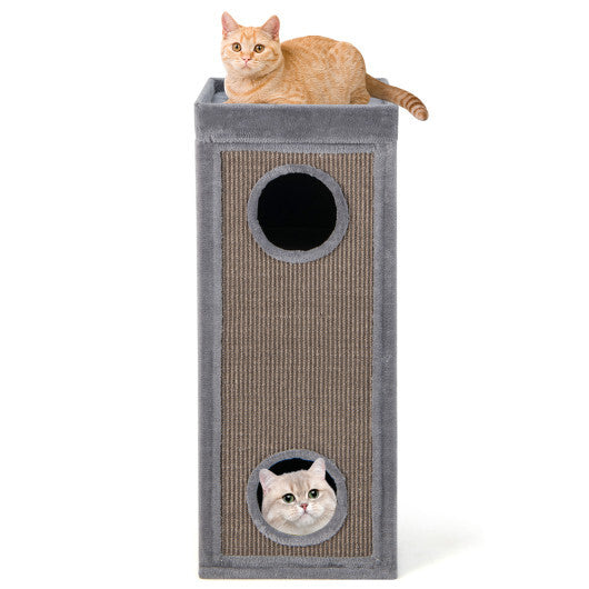 39 Inch Tall Cat Condo with Scratching Posts and 3 Hideaways and 4 Soft Plush Cushions-Gray - Color: Gray