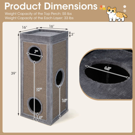 39 Inch Tall Cat Condo with Scratching Posts and 3 Hideaways and 4 Soft Plush Cushions-Gray - Color: Gray