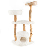 Solid Wood Cat Tower with Top Cattail Basket Cat Bed