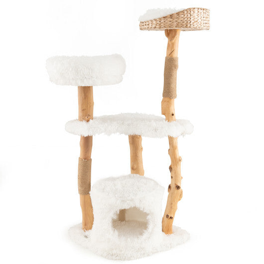 Solid Wood Cat Tower with Top Cattail Basket Cat Bed