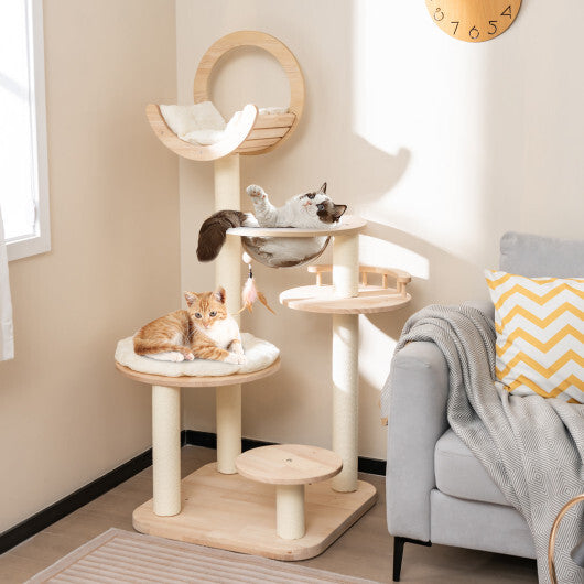 4-In-1 Large Wooden Cat Tower with Space Capsule Nest