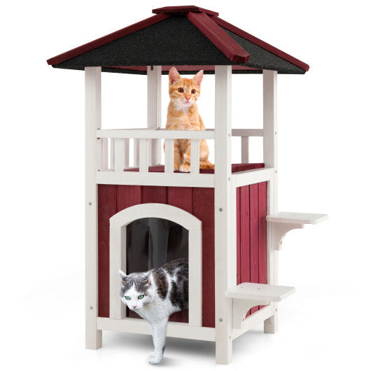 2-Story Wooden Cat House with Asphalt Roof Balcony and Rain