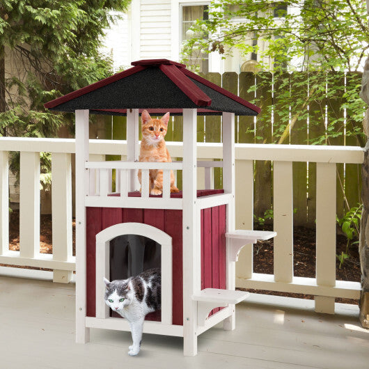 2-Story Wooden Cat House with Asphalt Roof Balcony and Rain