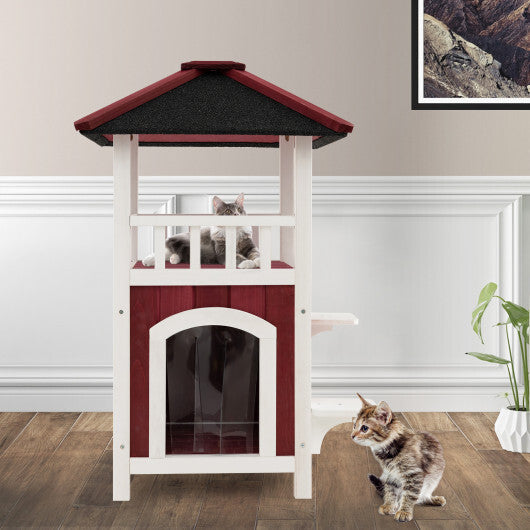 2-Story Wooden Cat House with Asphalt Roof Balcony and Rain