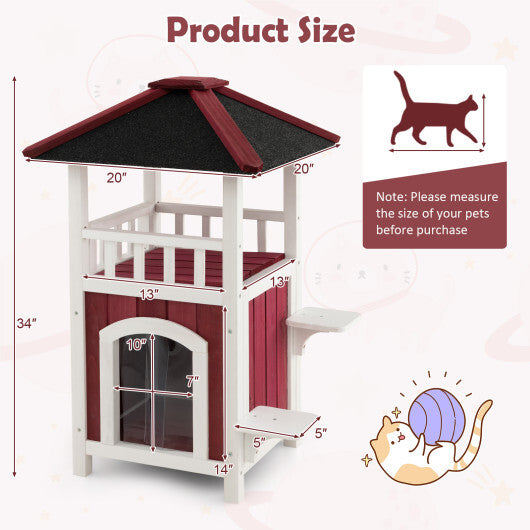2-Story Wooden Cat House with Asphalt Roof Balcony and Rain