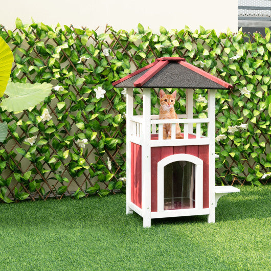 2-Story Wooden Cat House with Asphalt Roof Balcony and Rain