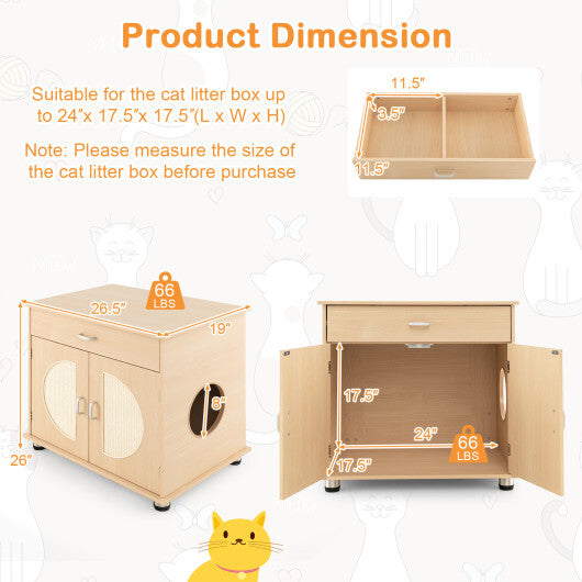 Cat Litter Box Enclosure with Sisal Scratching Doors, Natural