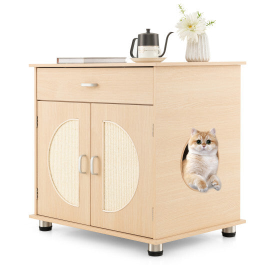 Cat Litter Box Enclosure with Sisal Scratching Doors, Natural