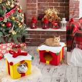 2 Gift Box Shaped Cute Christmas Cat House with Bow-Multicolor