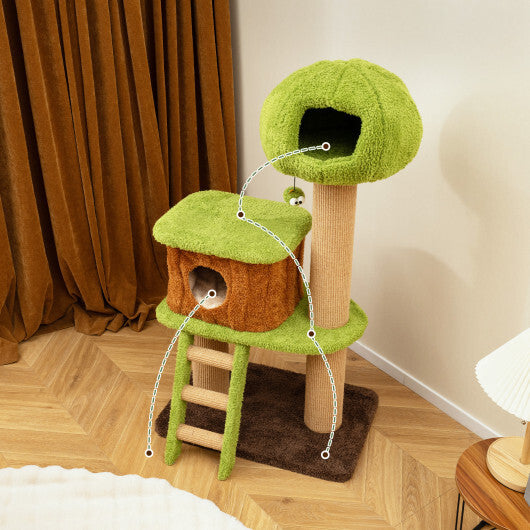 Cute Cat Tree for Indoor Cats with Mushroom-shaped Nest Condo and Climbing Ladder-Green - Color: Green