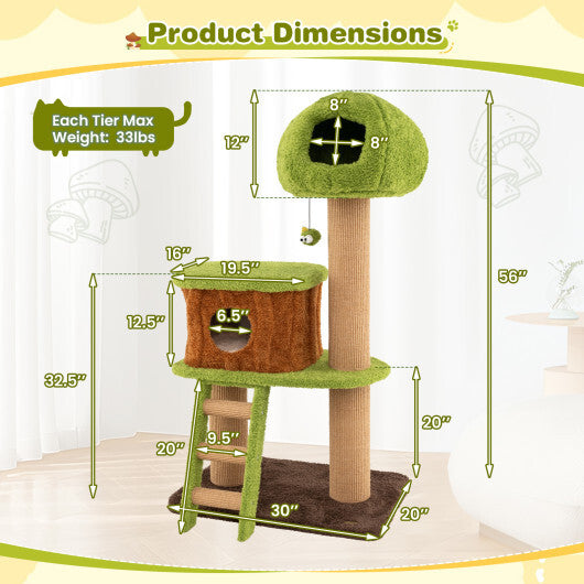 Cute Cat Tree for Indoor Cats with Mushroom-shaped Nest Condo and Climbing Ladder-Green - Color: Green