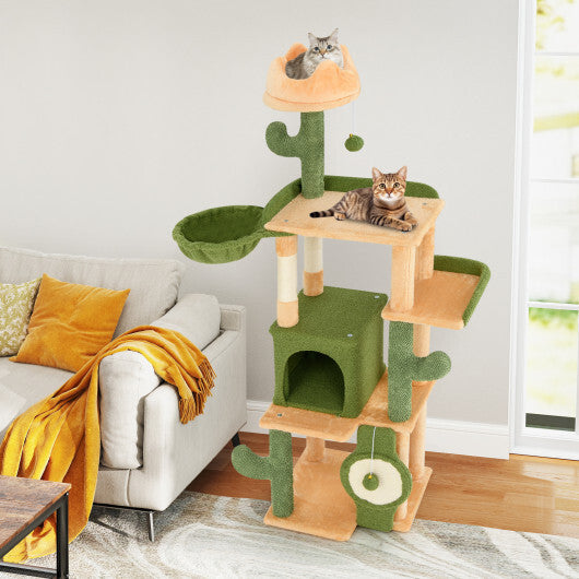 63 Inch Cactus Cat Tree with Sisal Scratching Posts and Board for Indoor Cats - Color: Green