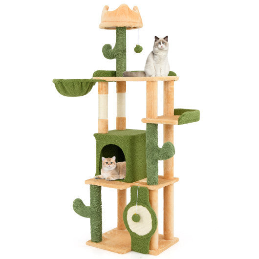63 Inch Cactus Cat Tree with Sisal Scratching Posts and Board for Indoor Cats - Color: Green